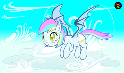 Size: 5100x3000 | Tagged: safe, artist:kyoshyu, imported from derpibooru, oc, oc only, oc:eclaircie clearing, bat pony, pony, cloud, female, flying, high res, mare, solo