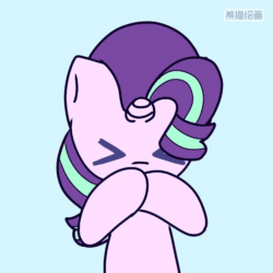 Size: 720x720 | Tagged: safe, artist:starflashing twinkle, imported from derpibooru, starlight glimmer, pony, unicorn, :3, animated, blowing a kiss, blue background, chinese, cute, daaaaaaaaaaaw, female, frame by frame, glimmerbetes, heart, mare, simple background, solo