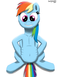 Size: 1136x1536 | Tagged: safe, artist:darkyboode32, derpibooru exclusive, imported from derpibooru, rainbow dash, pegasus, pony, belly, belly button, clavicle, collarbone, female, grin, happy, looking down, simple background, sitting, smiling, solo, solo female, squishy, traditional art, white background