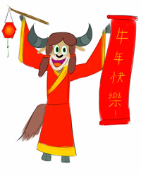 Size: 1280x1600 | Tagged: safe, artist:horsesplease, imported from derpibooru, imported from ponybooru, yona, anthro, unguligrade anthro, yak, bipedal, chinese, chinese new year, clothes, doodle, hanfu, lantern, red, robe, robes, year of the ox