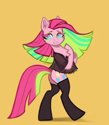 Size: 3500x4000 | Tagged: safe, artist:rrd-artist, imported from derpibooru, pinkie pie, earth pony, pony, bipedal, chest fluff, clothes, looking at you, pinkamena diane pie, sad, see-through, shirt, stlockings, stockings, thigh highs