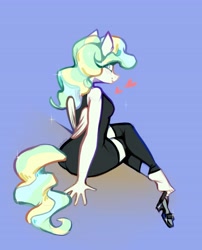 Size: 3000x3716 | Tagged: safe, artist:rrd-artist, imported from derpibooru, vapor trail, anthro, pegasus, plantigrade anthro, barefoot, black dress, blushing, clothes, dress, feet, heart, high heels, leg warmers, legwarmers, little black dress, looking at you, looking back, shoes, smiling, solo, sparkles