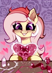 Size: 2500x3500 | Tagged: safe, artist:rrd-artist, imported from derpibooru, oc, oc only, earth pony, pony, blushing, bow, ear fluff, glitter, happy, heart, holiday, not fluttershy, purple eyes, ribbon, smiling, solo, sparkles, valentine, valentine's day