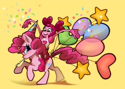 Size: 3500x2500 | Tagged: safe, artist:rrd-artist, imported from derpibooru, pinkie pie, earth pony, pony, balloon, chest fluff, confetti, gem, party horn, past spinel, riding, smiling, solo, sparkles, spinel, spinel (steven universe), steven universe, steven universe: the movie