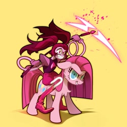 Size: 2500x2500 | Tagged: safe, artist:rrd-artist, imported from derpibooru, pinkie pie, earth pony, pony, angry, crossover, gem, gem rejuvenator, grin, looking at you, pinkamena diane pie, riding, scythe, smiling, spinel, spinel (steven universe), steven universe, steven universe: the movie