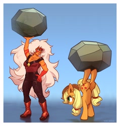 Size: 3507x3680 | Tagged: safe, artist:rrd-artist, imported from derpibooru, applejack, earth pony, pony, boulder, chest fluff, cowboy hat, duo, female, hat, jasper (steven universe), lifting, mare, rock, smiling, steven universe