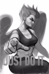 Size: 2000x3000 | Tagged: safe, artist:rrd-artist, imported from derpibooru, spitfire, human, pegasus, breasts, busty spitfire, clothes, fitfire, humanized, just do it, looking at you, muscles, pants, pointing, sketch, solo, tanktop, winged humanization, wings