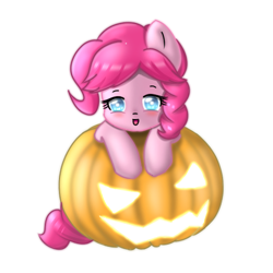 Size: 500x500 | Tagged: artist needed, source needed, safe, imported from derpibooru, pinkie pie, pony, blushing, halloween, holiday, jack-o-lantern, pumpkin, simple background, solo, white background