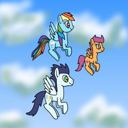 Size: 1280x1280 | Tagged: safe, artist:platinumdrop, imported from derpibooru, rainbow dash, scootaloo, soarin', pegasus, pony, cloud, female, filly, flying, male, mare, old cutie mark, request, scootaloo can fly, scootalove, shipping, sky, soarindash, stallion, straight