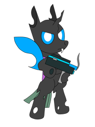 Size: 3072x4096 | Tagged: safe, alternate version, artist:theunidentifiedchangeling, imported from derpibooru, oc, oc only, oc:[unidentified, oc:[unidentified], changeling, bipedal, digital art, discussion in the comments, fangs, gun, holding, horn, looking at you, male, simple background, solo, transparent background, weapon, wings