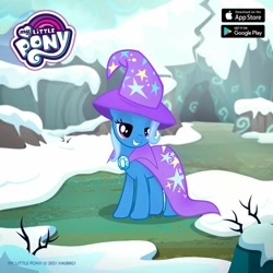 Size: 1080x1080 | Tagged: safe, imported from derpibooru, trixie, pony, unicorn, cape, clothes, female, gameloft, hat, mare, my little pony logo, official, smiling, snow, solo, trixie's cape, trixie's hat