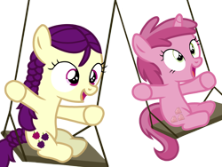 Size: 2048x1536 | Tagged: safe, artist:superiorwarrior, imported from derpibooru, boysenberry, ruby pinch, earth pony, pony, unicorn, excited, female, filly, happy, simple background, swing, swing set, swinging, transparent background, triple berry, vector