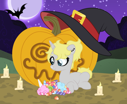 Size: 2200x1800 | Tagged: safe, artist:katelynleeann42, imported from derpibooru, oc, oc:moon beam, bat, pony, unicorn, candle, candy, female, filly, food, halloween, holiday, jack-o-lantern, lying down, prone, pumpkin