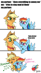 Size: 2220x3940 | Tagged: safe, artist:julunis14, imported from derpibooru, applejack, rainbow dash, earth pony, pegasus, pony, appledash, blushing, boop, comic, cute, cutie mark, faic, female, hat, high res, lesbian, shipping, smug, smugdash, tongue out