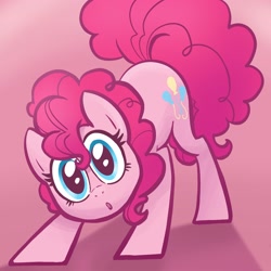 Size: 2048x2048 | Tagged: safe, artist:pfeffaroo, imported from derpibooru, pinkie pie, earth pony, pony, curious, cute, diapinkes, face down ass up, female, full face view, gradient background, head tilt, high res, looking at you, mare, open mouth, solo, standing, wide eyes