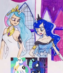 Size: 540x632 | Tagged: safe, artist:lunaart, imported from derpibooru, princess celestia, princess luna, alicorn, human, pony, a royal problem, alicorn humanization, cutie mark on human, duo, duo female, female, horn, horned humanization, humanized, open mouth, royal sisters, scene interpretation, screencap reference, shocked, siblings, sisters, swapped cutie marks, throne room, tired eyes, winged humanization, wings