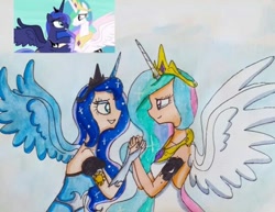 Size: 540x416 | Tagged: safe, artist:lunaart, imported from derpibooru, screencap, princess celestia, princess luna, alicorn, human, pony, a royal problem, alicorn humanization, crying, cutie mark on human, duo, duo female, female, holding hands, holding hooves, horn, horned humanization, humanized, royal sisters, scene interpretation, siblings, sisters, swapped cutie marks, tears of joy, winged humanization, wings