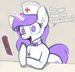 Size: 996x954 | Tagged: safe, artist:marsminer, imported from derpibooru, oc, oc only, pony, unicorn, bowtie, glowing horn, hat, horn, magic, nurse, nurse hat, open mouth, solo, talking, telekinesis, unicorn oc