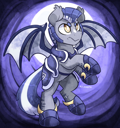 Size: 850x900 | Tagged: safe, artist:azimooth, imported from derpibooru, oc, oc only, oc:icarus the lunar guard, bat pony, pony, angry, armor, bat wings, clean, colored pupils, commission, ear fluff, game, hoof shoes, lords of ponykeep, lunar guard armour, male, moon, night guard, night guard armor, rearing, sideburns, solo, spread wings, stallion, two toned mane, two toned tail, two toned wings, wings