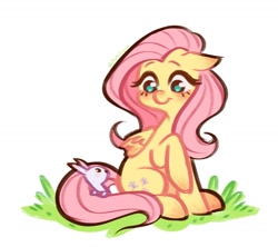 Size: 1221x1086 | Tagged: safe, artist:aooctopus, imported from derpibooru, fluttershy, pegasus, pony, rabbit, animal, cute, daaaaaaaaaaaw, female, floppy ears, folded wings, grass, head turned, looking at each other, looking at someone, mare, raised hoof, shyabetes, simple background, sitting, smiling, solo, transparent background, turned head, white background, wings