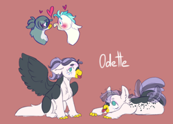 Size: 1400x1000 | Tagged: safe, artist:orphicswan, imported from derpibooru, oc, oc:odette, hybrid, pony, :p, chaoticverse, interspecies offspring, offspring, parent:gabby, parent:terramar, parents:gabbymar, red background, simple background, solo, tongue out