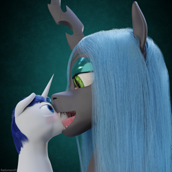 Size: 2048x2048 | Tagged: safe, artist:radiomann01, imported from derpibooru, queen chrysalis, shining armor, changeling, changeling queen, pony, unicorn, 3d, blushing, drool, drool string, duo, fangs, female, femdom, horn, infidelity, larger female, licking, long hair, male, mane, mawplay, open mouth, prisoner, render, salivating, sharp teeth, shining chrysalis, shipping, simple background, size difference, smaller male, smiling, straight, teeth, tongue out, uncertain