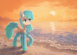 Size: 2032x1462 | Tagged: safe, artist:koviry, imported from derpibooru, part of a set, oc, oc only, oc:seashine, pony, beach, commission, raised hoof, scenery, smiling, solo, sun, water, ych result