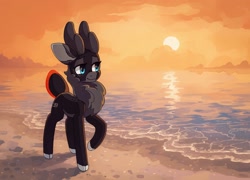 Size: 2032x1462 | Tagged: safe, artist:koviry, imported from derpibooru, part of a set, oc, oc only, deer, beach, commission, raised hoof, scenery, smiling, solo, sun, water, ych result