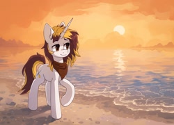 Size: 2032x1462 | Tagged: safe, artist:koviry, imported from derpibooru, part of a set, oc, oc only, pony, unicorn, beach, commission, raised hoof, scenery, smiling, solo, sun, water, ych result