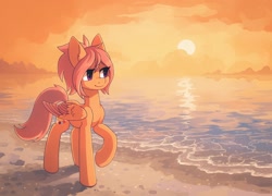 Size: 2032x1462 | Tagged: safe, artist:koviry, imported from derpibooru, part of a set, oc, oc only, oc:shoop, pegasus, pony, beach, commission, raised hoof, scenery, smiling, solo, sun, water, ych result