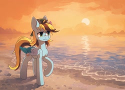 Size: 2032x1462 | Tagged: safe, artist:koviry, imported from derpibooru, part of a set, oc, oc only, pegasus, pony, beach, commission, raised hoof, scenery, smiling, solo, sun, sunset, two toned wings, walking, water, wings, ych result