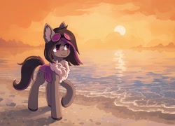 Size: 2032x1462 | Tagged: safe, artist:koviry, imported from derpibooru, part of a set, oc, oc only, oc:mimicry, changeling, beach, changeling oc, commission, purple changeling, raised hoof, scenery, smiling, solo, sun, water, ych result