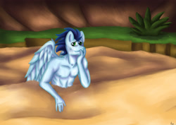 Size: 4093x2894 | Tagged: safe, artist:sugar lollipop, imported from derpibooru, soarin', anthro, pegasus, pony, background human, background pony, clothes, complex background, digital art, half body, lineless, looking back, male, male nipples, muscles, muscular male, nipples, nudity, partial nudity, quicksand, request, requested art, sand, sexy, solo, stuck, stupid sexy soarin', topless, torso, worried, worried smile