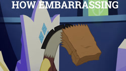 Size: 1280x720 | Tagged: safe, edit, edited screencap, editor:quoterific, imported from derpibooru, screencap, discord, draconequus, dungeons and discords, season 6, friendship throne, how embarrassing, male, paper bag, solo, twilight's castle