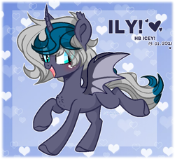 Size: 767x696 | Tagged: safe, artist:midnightmusic, imported from derpibooru, oc, oc only, oc:elizabat stormfeather, alicorn, bat pony, bat pony alicorn, pony, alicorn oc, bat pony oc, bat wings, birthday, birthday gift, blushing, chest fluff, cute, cute little fangs, ear fluff, fangs, female, heart, horn, mare, missing cutie mark, raised hoof, raised tail, solo, tail, wings