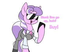 Size: 1641x1130 | Tagged: safe, artist:moonatik, imported from derpibooru, diamond tiara, pony, cellphone, clothes, dialogue, necktie, older, older diamond tiara, pants, phone, shirt, shoes, smartphone, solo, stock market, stonks, sunglasses, waistcoat