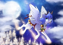 Size: 3507x2481 | Tagged: safe, artist:arctic-fox, imported from derpibooru, oc, oc only, oc:snow pup, deer, deer pony, original species, peryton, christmas, flying, glowing hooves, holiday, looking back, moon, night, solo, wings