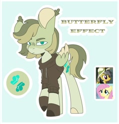 Size: 1280x1340 | Tagged: safe, artist:just-evs, imported from derpibooru, daring do, fluttershy, oc, oc only, oc:butterfly effect, pegasus, pony, blue background, clothes, daringshy, female, hoodie, lesbian, magical lesbian spawn, offspring, outline, parent:daring do, parent:fluttershy, parents:daringshy, screencap reference, shipping, simple background, solo