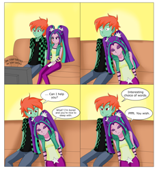 Size: 5578x5988 | Tagged: safe, artist:sodaska, imported from derpibooru, aria blaze, oc, oc:ruby sword, equestria girls, couch, eyes closed, flirting, looking at each other, looking at something, my tiny gecko, raised eyebrow, sleeping, smiling, smirk, snuggling, television