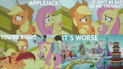 Size: 1280x720 | Tagged: safe, edit, edited screencap, editor:quoterific, imported from derpibooru, screencap, alpha beta, applejack, desert wind, dusty swift, fast break, fiery fricket, final countdown, flowerescent, fluttershy, frying pan (character), high roller, home stretch, lightning riff, miss hackney, moonlight zephyr, neckshot, ocean spray, opulence, pacifica, polo play, rosy pearl, saturn (character), silver waves, sprout greenhoof, steeplechase, summit point, sweet biscuit, sweet buzz, whirlwind romance, wintergreen, zen moment, earth pony, pegasus, pony, season 6, viva las pegasus, applejack's hat, clothes, cowboy hat, duo, duo female, eyes closed, fear, female, frying pan (g4), hat, las pegasus, las pegasus resident, male, mare, open mouth, saturn (g4), scarf, stallion, sweater, teeth