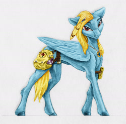 Size: 2398x2373 | Tagged: safe, artist:joestick, editor:vedont, imported from derpibooru, oc, oc only, oc:brave blossom, pegasus, pony, fanfic:yellow feathers, bag, colored, feather, female, high res, jewelry, saddle bag, solo