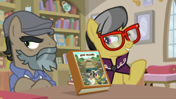 Size: 1920x1080 | Tagged: safe, imported from derpibooru, screencap, a.k. yearling, daring do, doctor caballeron, earth pony, pegasus, pony, daring doubt, book, crossed arms, crossed hooves, disguise, duo, fake beard, female, frown, glasses, groom q.q. martingale, hat, male, mare, martingale, smiling, stallion, teeth, unamused