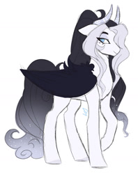 Size: 1280x1613 | Tagged: safe, artist:void-sommar, imported from derpibooru, oc, oc only, oc:lucifer, hybrid, pony, black wings, ethereal mane, female, hair over one eye, horns, interspecies offspring, mare, offspring, parent:discord, parent:rarity, parents:raricord, simple background, solo, starry mane, white background