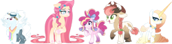 Size: 1280x334 | Tagged: safe, artist:blizzard-queen, imported from derpibooru, applejack, fluttershy, pinkie pie, rainbow dash, rarity, cow, cow pony, hybrid, pony, amputee, bow, braid, cloven hooves, cowboy hat, flower, flower in hair, freckles, goggles, hair bow, hat, height difference, horn, horns, long horn, peytral, prosthetic leg, prosthetic limb, prosthetics, redesign, shoulder freckles, simple background, species swap, transparent background