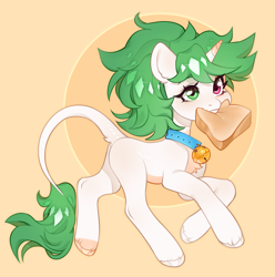 Size: 3383x3417 | Tagged: safe, artist:aphphphphp, imported from derpibooru, oc, oc only, oc:sugarstar, pony, unicorn, absurd resolution, bell, bell collar, bread, collar, food, high res, simple background, solo