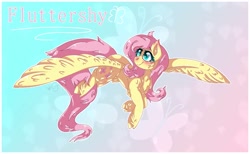 Size: 1749x1078 | Tagged: safe, artist:silverthewolfie, imported from derpibooru, fluttershy, pegasus, pony, blushing, cheek fluff, chest fluff, cutie mark background, female, fluffy, flying, head turned, hoof fluff, large wings, leg fluff, mare, name, outline, smiling, solo, spread wings, text, turned head, white outline, wings