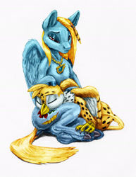 Size: 2313x3003 | Tagged: safe, artist:joestick, editor:vedont, imported from derpibooru, oc, oc only, oc:beaky, oc:brave blossom, griffon, pegasus, pony, fanfic:yellow feathers, clothes, colored, female, high res, jewelry, male, mother and child, mother and son, pegasu, sleeping