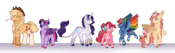 Size: 3198x966 | Tagged: safe, artist:nomearts, imported from derpibooru, applejack, fluttershy, pinkie pie, rainbow dash, rarity, twilight sparkle, alicorn, earth pony, pegasus, pony, unicorn, bow, colored hooves, colored wings, cowboy hat, female, flower, flower in hair, glasses, hair bow, hat, mane six, mare, multicolored wings, rainbow wings, scar, straw in mouth, twilight sparkle (alicorn), wings