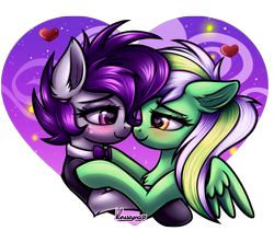 Size: 2001x1688 | Tagged: safe, artist:kruszyna25, artist:kruszynka25, imported from derpibooru, oc, oc:doppie, oc:gumdrops, earth pony, pegasus, pony, blushing, bowtie, commission, heart, holiday, valentine's day, ych result