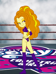 Size: 1340x1765 | Tagged: safe, artist:invisibleink, imported from derpibooru, adagio dazzle, equestria girls, ass, butt, clothes, cutie mark, elbow pads, female, knee pads, looking at you, pose, show accurate, solo, sports, sports bra, sports panties, wrestler, wrestling, wrestling ring